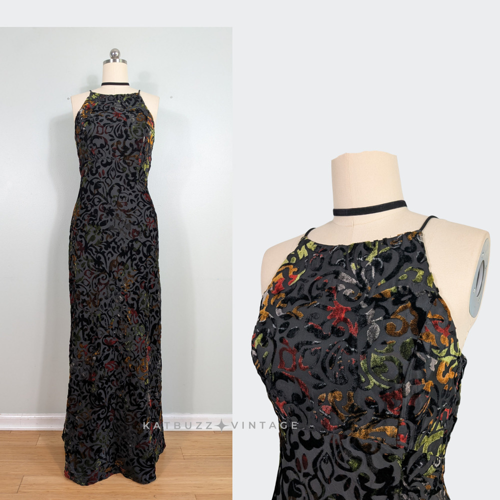 Vintage Velvet Burnout Maxi Dress Prom Gown 10 Black Y2K 90S Goth Grunge Floral